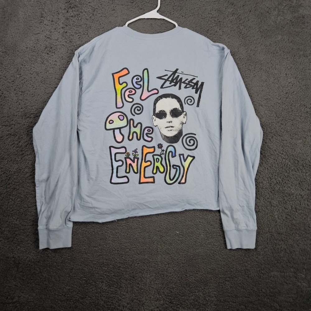 Stussy Feel The Energy Graphic Long Sleeve T-Shirt Crew Neck Light‎ Blue Mens L